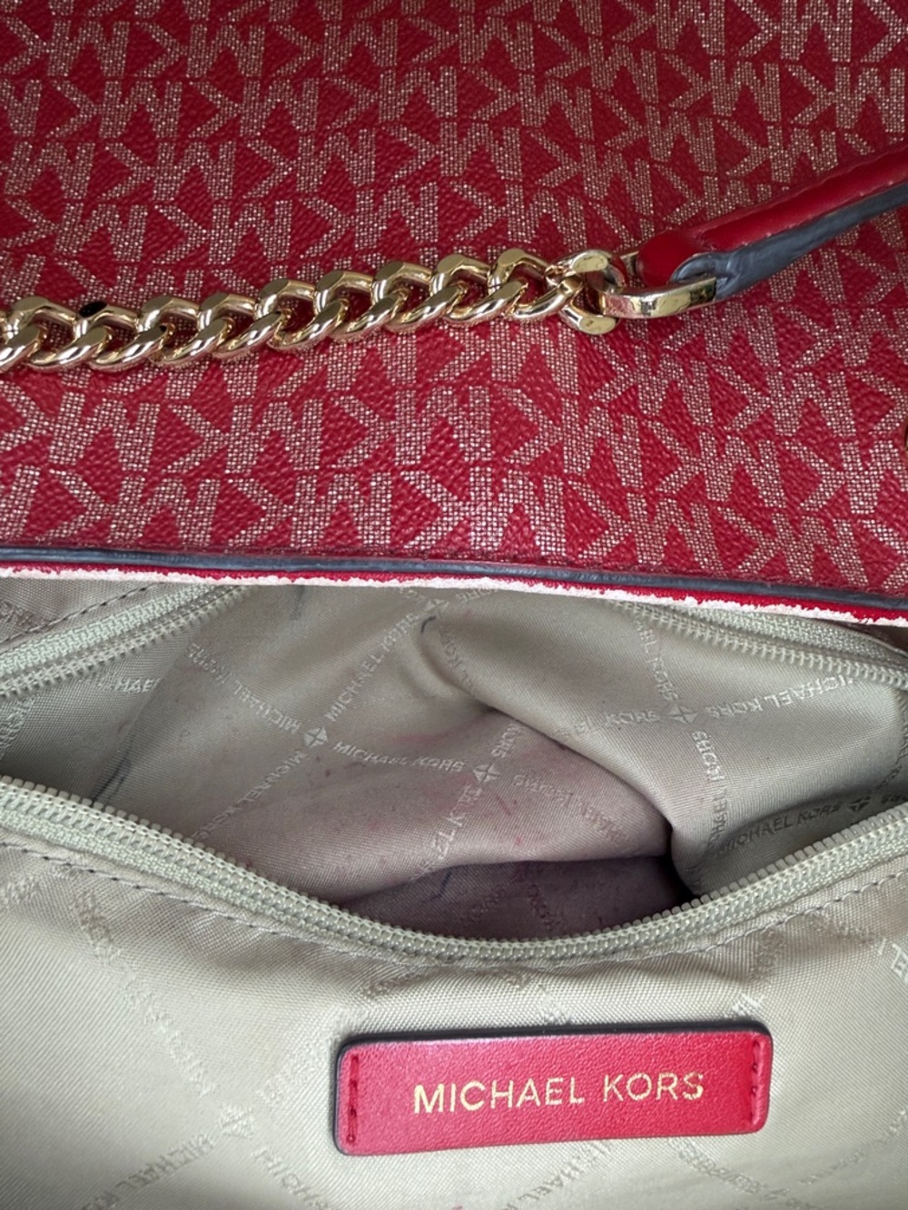Michael Kors, GUC red & cream signature logo shoulder bag 14 x 9 "by 4 deep - Picture 10 of 14